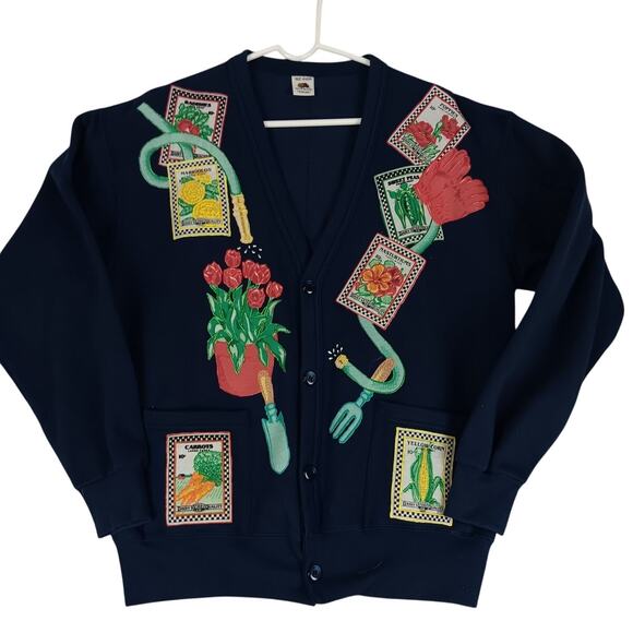 Vtg Fruit of the Loom Fleece Cardigan Womens OSFA Navy Blue Patched Garden - Picture 1 of 13